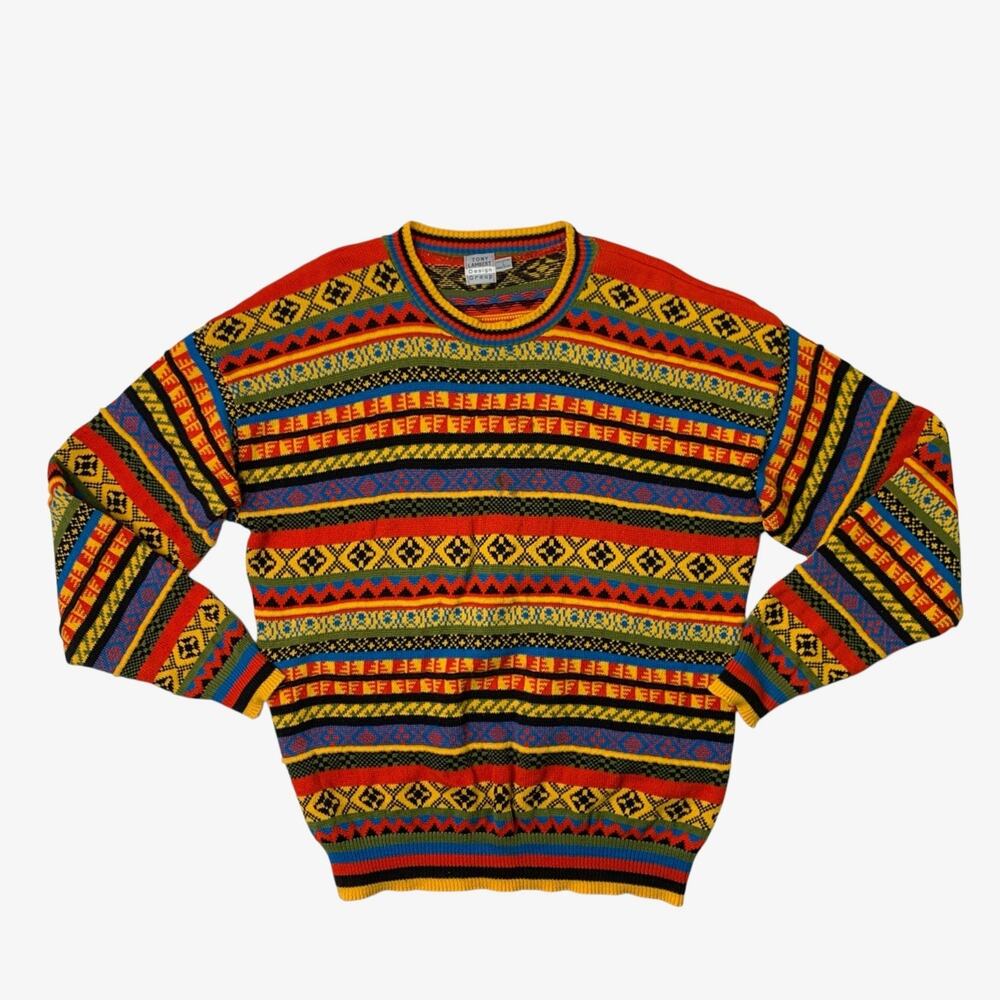 Vintage Tony Lambert Sweater Men Large 3D Knit Coogi Style Textured Geo Made USA